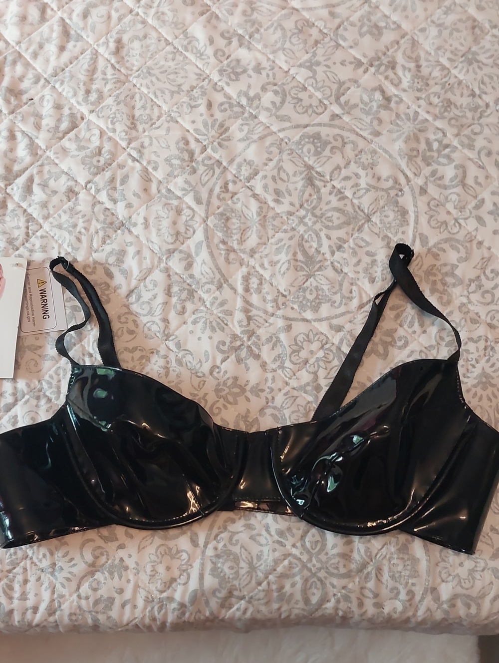 Elegant Moments Black Patent Underwire Bra with Adjustable Straps